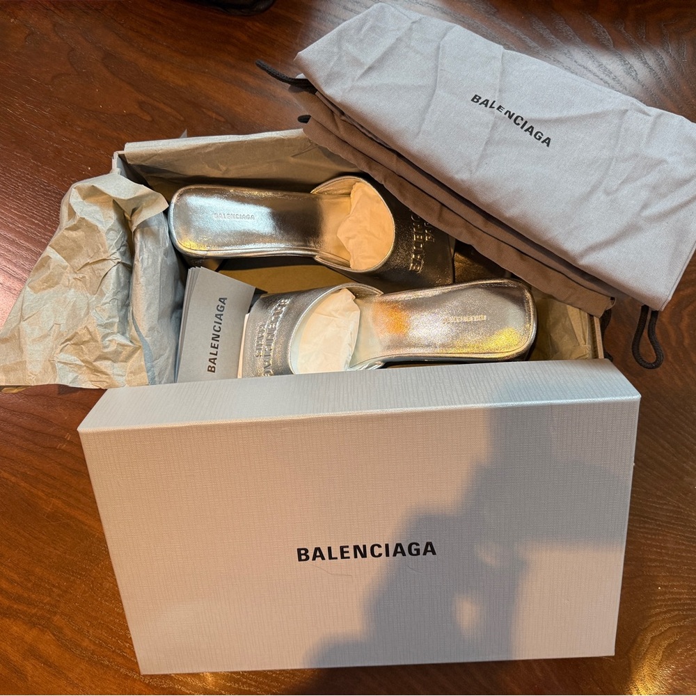 Authentic Balenciaga Metallic Silver Duty Free Heeled Sandal Size 41